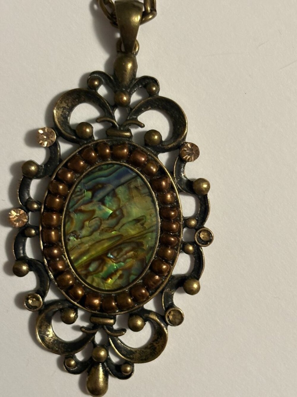 Vintage Ornate Brass Necklace w/Green Iridescent Cabochon Pendant